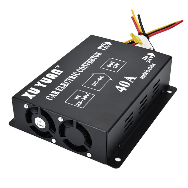 XUYUAN step-down converter with dual cooling fans, black housing, 40A output 12V