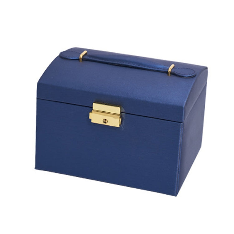 Navy blue jewelry storage box with hinged lid and gold-tone lock clasp