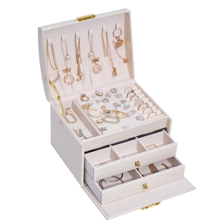Creamy white three-layer jewelry storage box with open drawer-style compartments
