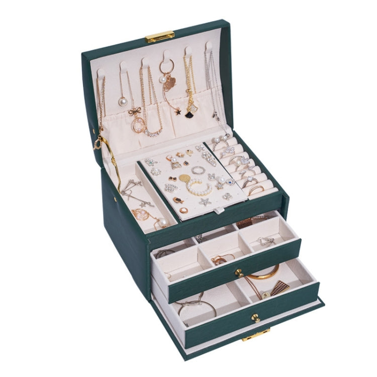 Dark green three-layer jewelry storage box with open lid and tiered compartments