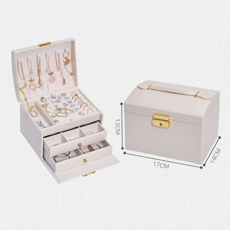 Creamy white jewelry storage box, open and closed, with gold-tone lock clasp