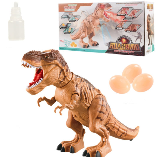 Brown electric dinosaur toy with spray nozzle and three orange egg pieces