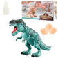 Teal electric dinosaur toy with spray nozzle and three orange egg pieces
