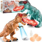 Brown and teal electric dinosaur toys facing each other with spray effect