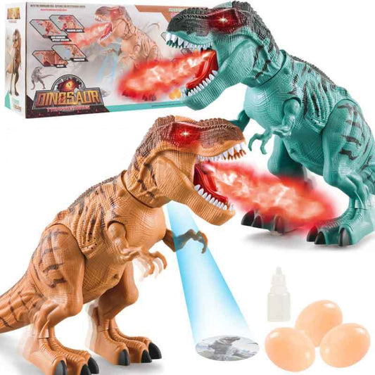 Brown and teal electric dinosaur toys facing each other with spray effect