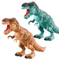 Brown and teal electric dinosaur toys, both with red open-mouth details