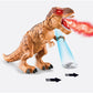 Brown electric dinosaur toy with blue spray jet and round target disc
