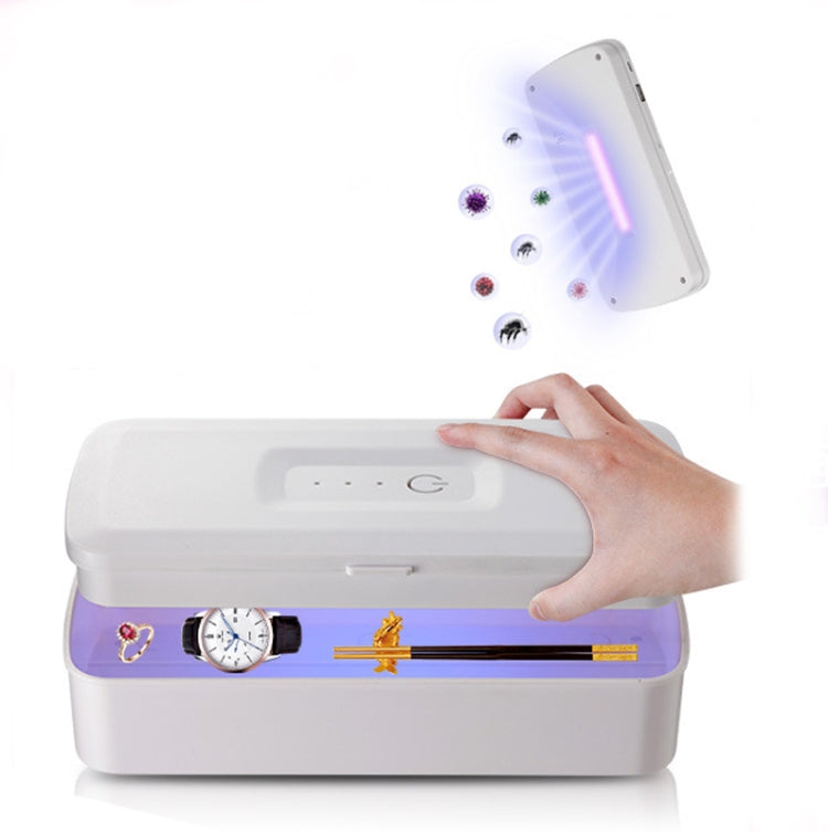 White UV mobile phone sterilization box with open lid and purple light beam