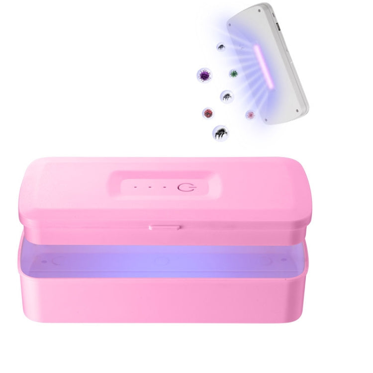 Pink UV mobile phone sterilization box with lid closed and purple light glow