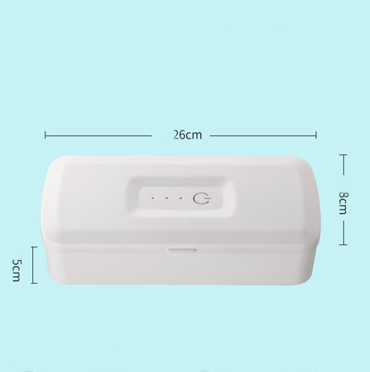 White UV sterilization box dimensions: 26cm length, 8cm width, 5cm height