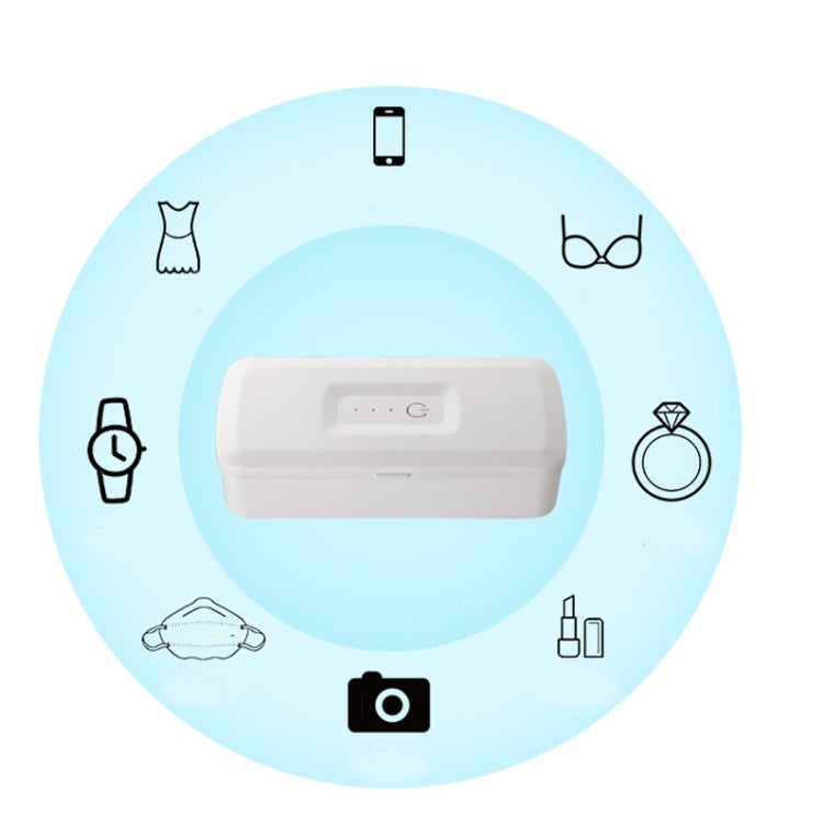 White UV sterilization box with icons for phone, watch, ring, mask, and other items