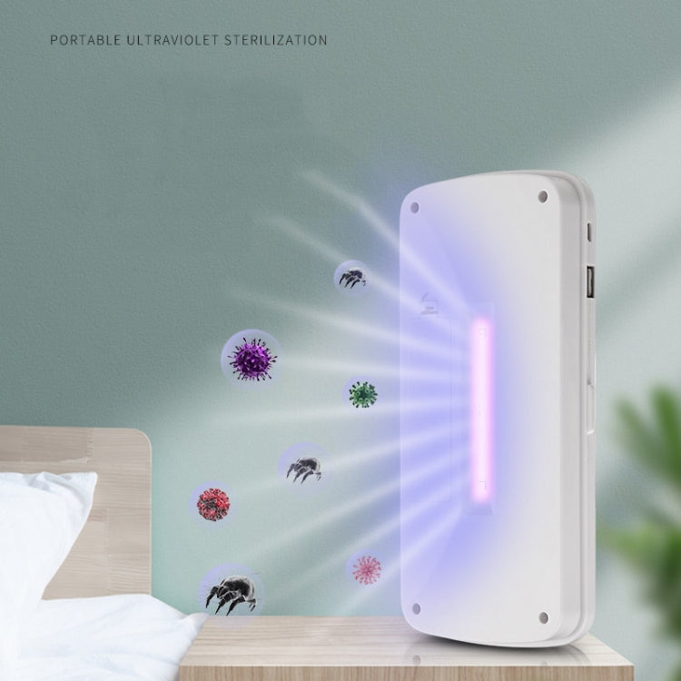 White UV sterilizer emitting purple disinfection light with germ particles shown