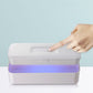 White UV sterilization box with purple light strip and hand lifting the lid