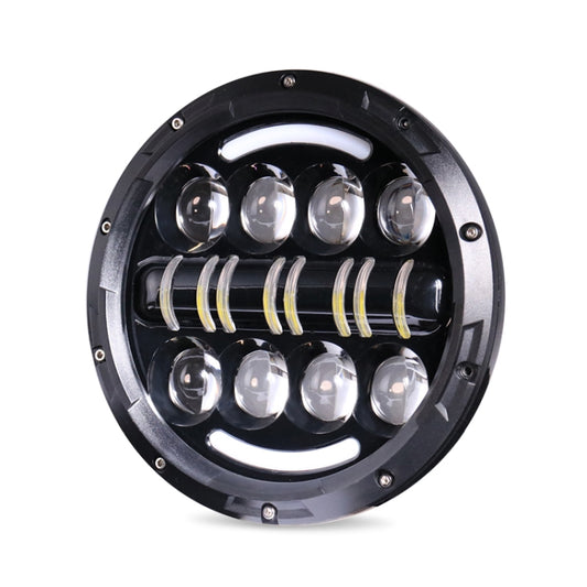 Round LED motorcycle headlight with black housing and multi-beam projector LEDs