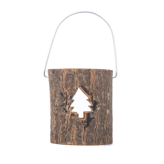 Wooden candle holder with metal handle, tree cutout, dark bark finish