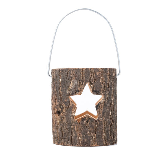 Wooden candle holder with metal handle, star cutout, dark bark finish