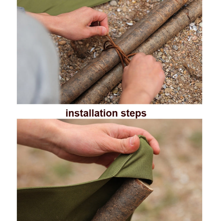 Olive green triangular cloth secured to a wooden stool with rope