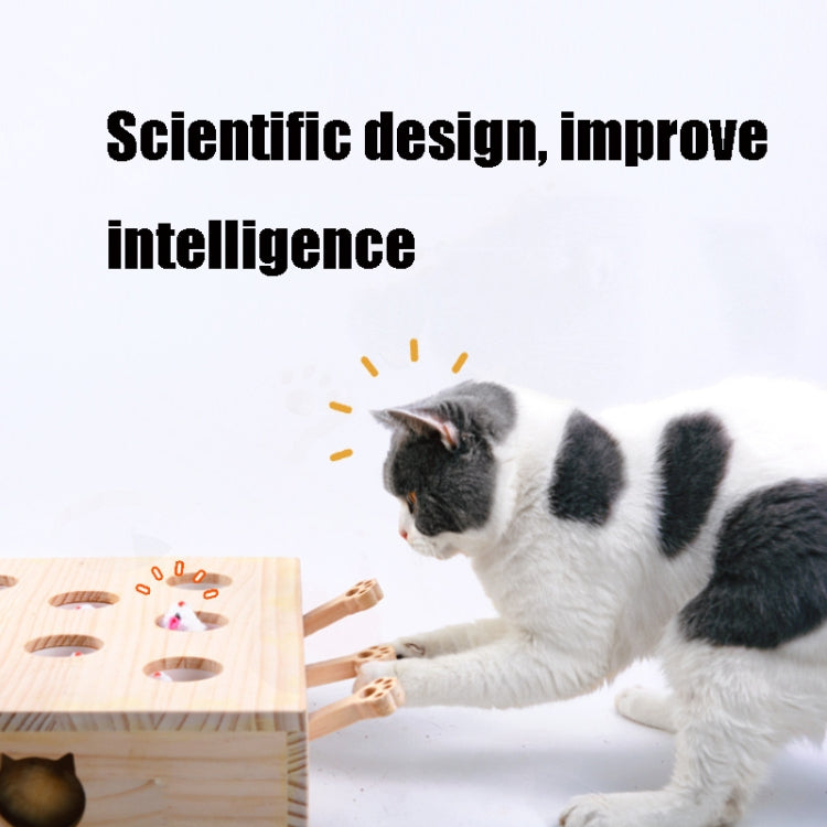 Wooden cat puzzle toy with paw-hole openings and colorful plush toys inside.