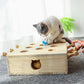 Wooden cat puzzle toy with a blue fuzzy mouse ball and a playing cat.