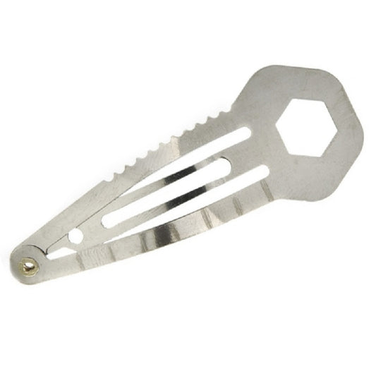 Silver multi-tool hair clip with hex head and serrated edge