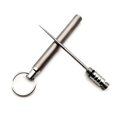 Metal toothpick holder keychain with built-in pin-style toothpick and key ring