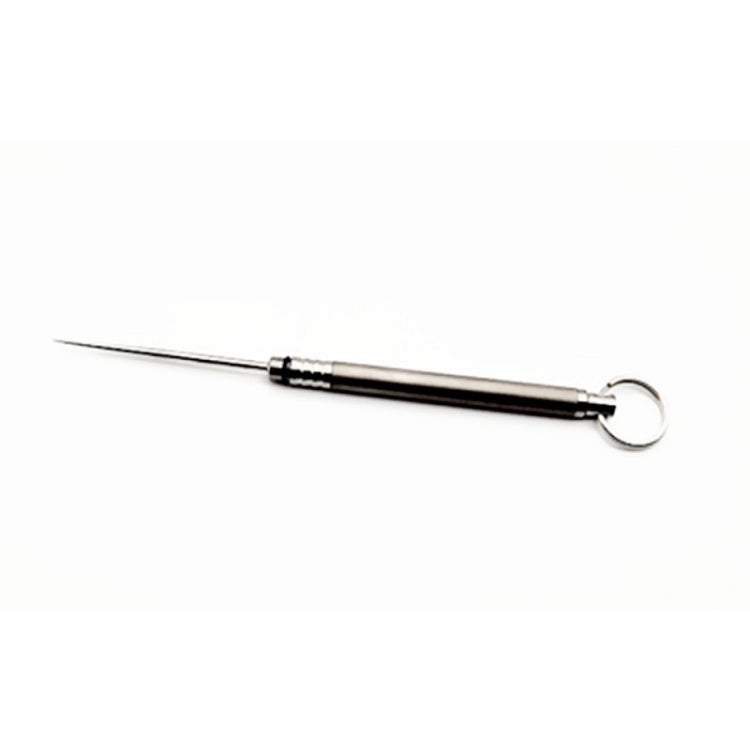 Metal pocket toothpick holder keychain with extended pin-style toothpick and loop ring
