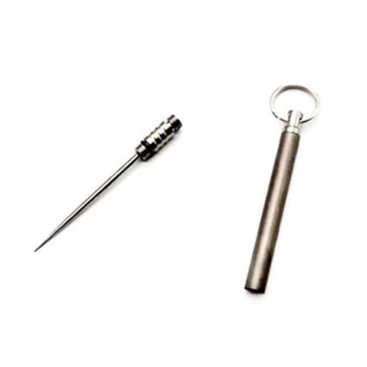 Metal toothpick holder keychain with narrow tube and pin-style toothpick