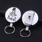 Retractable wire-rope key ring with round printed badge and metal spring clasp