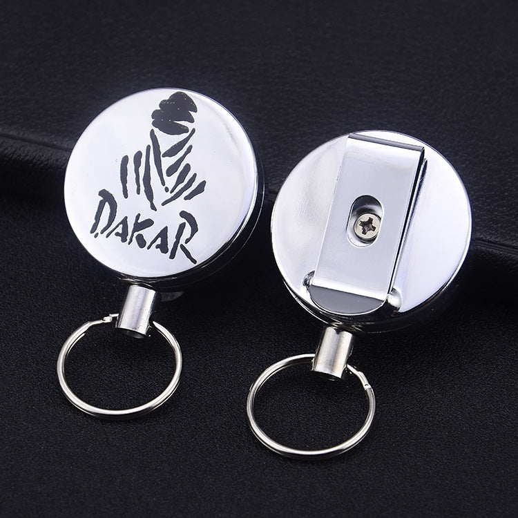 Retractable wire-rope key ring with round printed badge and metal spring clasp