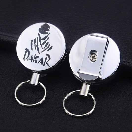 Retractable wire-rope key ring with round printed badge and metal spring clasp