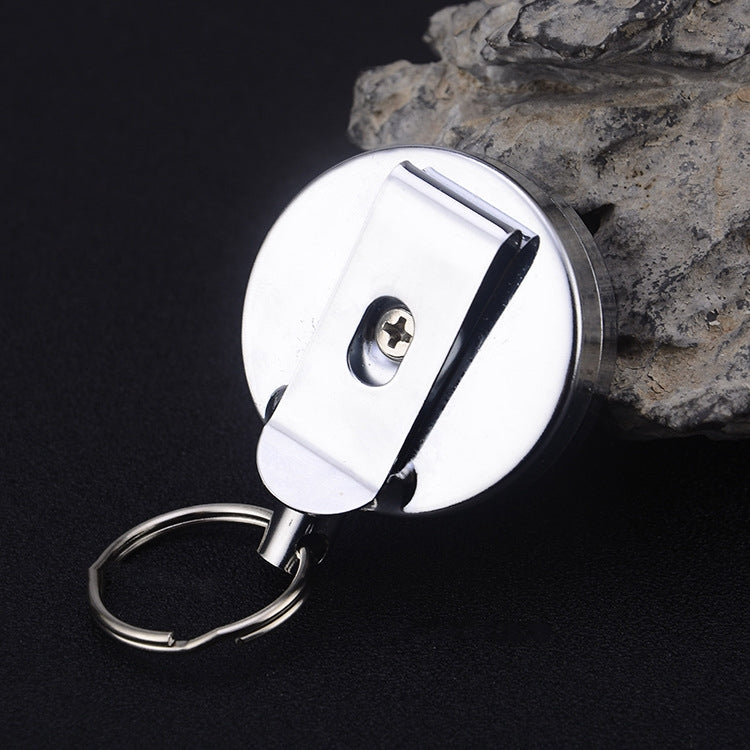 Retractable wire-rope key ring back plate with screw and metal loop