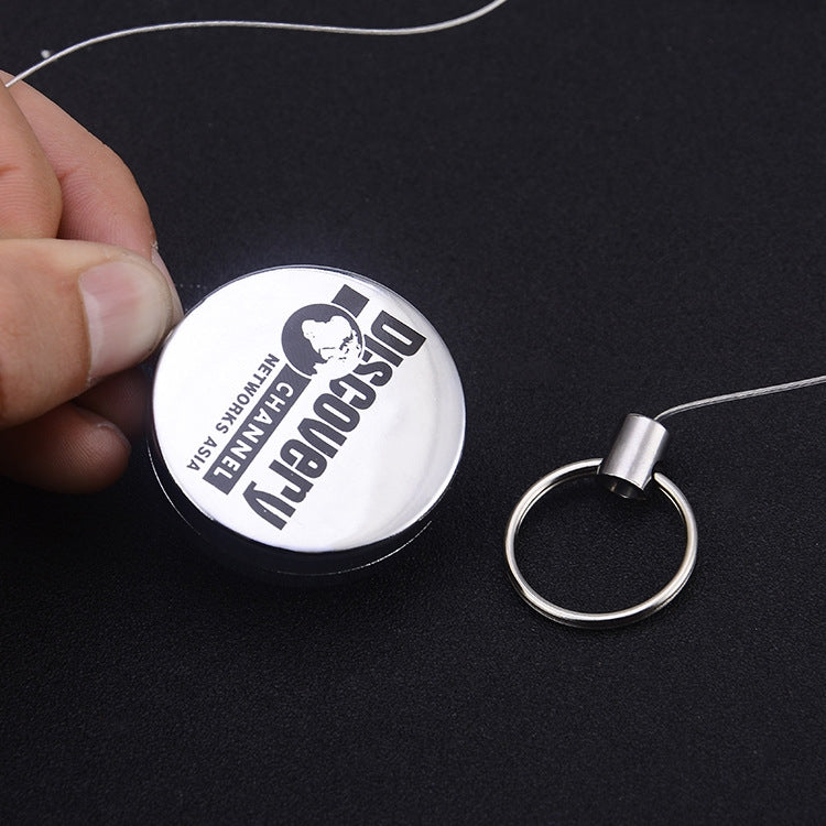 Retractable wire-rope key ring with round printed badge and extended cord