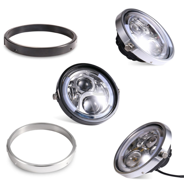 Motorcycle headlight with mounting ring bracket set in black and silver
