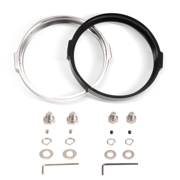 Metal motorcycle headlight rings (silver and black) with small mounting hardware