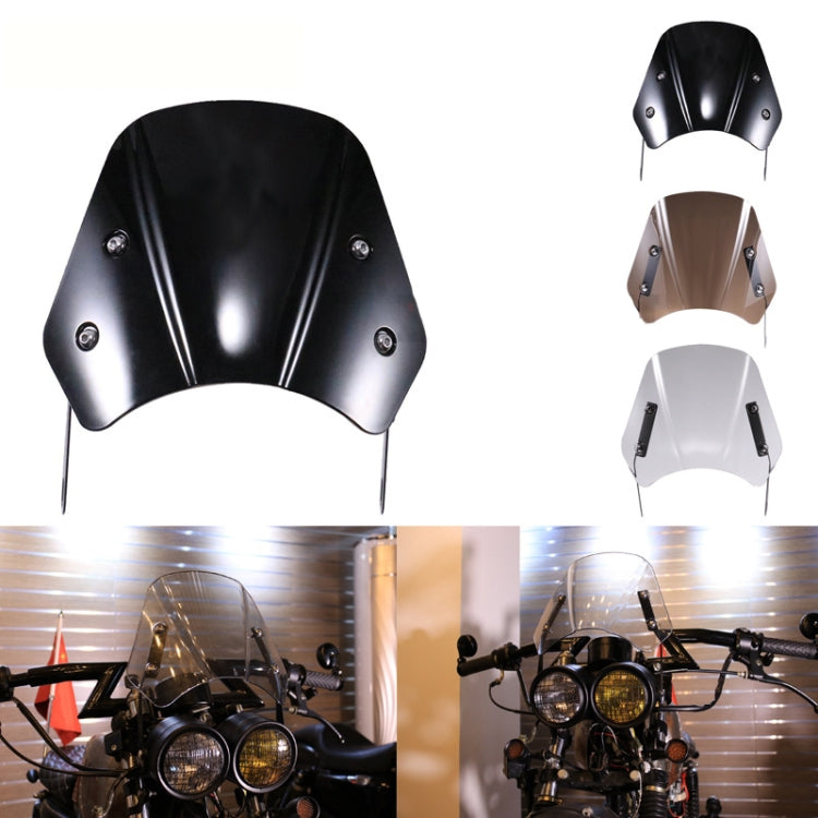Set of universal motorcycle windshields: black smoked and clear curved shields with mounts