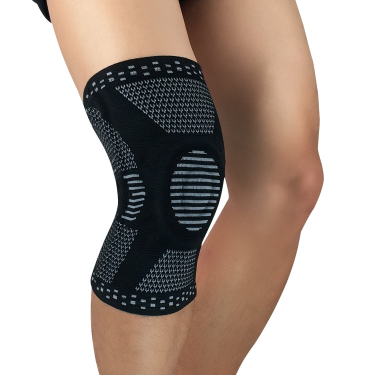 Black compression knee sleeve with knitted anti-collision pad and gray geometric pattern