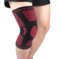 Black compression knee sleeve with knitted anti-collision pad and red graphic stripes