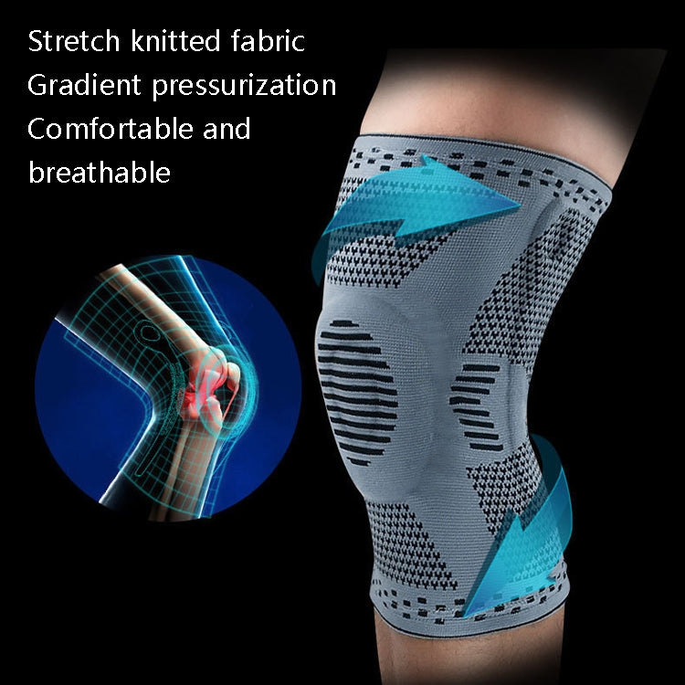 Gray and teal knitted compression knee sleeve with supportive knee pad