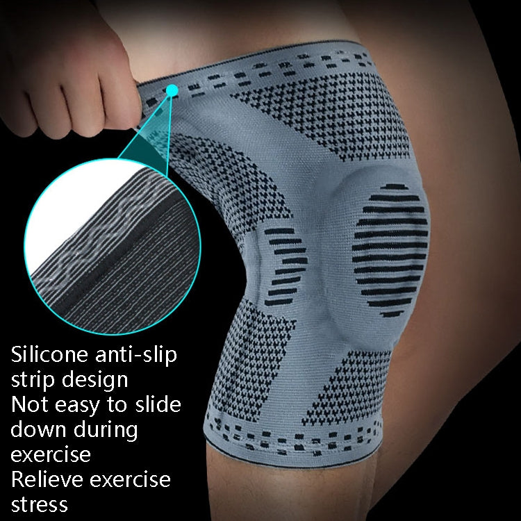 Light-gray compression knee sleeve with silicone anti-slip strip at top
