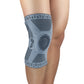 Gray compression knee sleeve with knitted anti-collision pad and blue geometric stripes