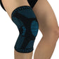 Black compression knee sleeve with knitted anti-collision pad and blue graphic stripes