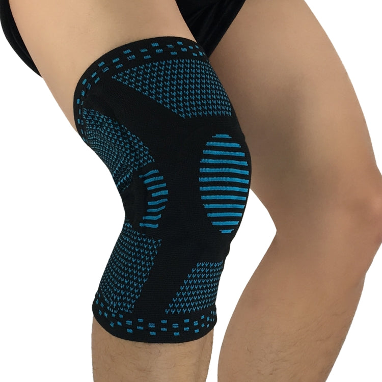 Black compression knee sleeve with knitted anti-collision pad and blue graphic stripes
