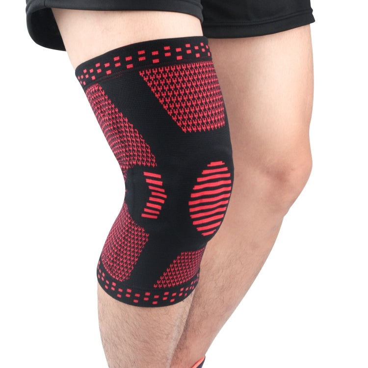 Black compression knee sleeve with knitted anti-collision pad and red graphic stripes