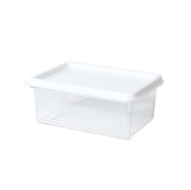 White refrigerator storage container with clear sides and snap-on lid