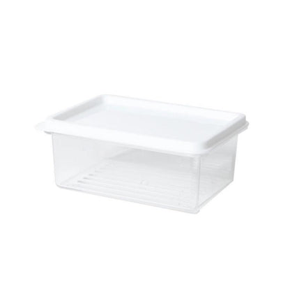 White refrigerator storage container with clear sides and snap-on lid