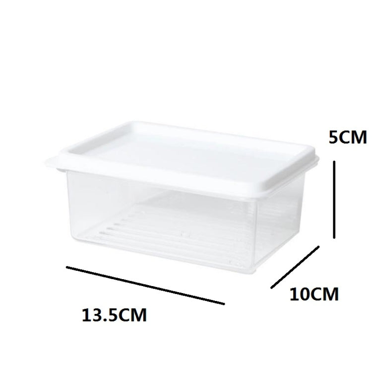 Stackable refrigerator storage box with lid; size measurements shown in diagram