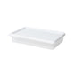White plastic refrigerator storage bin with clear vented base and snap-on lid