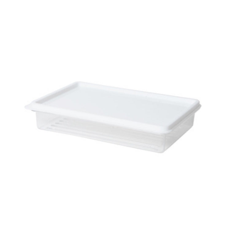 White plastic refrigerator storage bin with clear vented base and snap-on lid