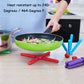 Cross-shaped folding silicone pot mat set in blue and red with a purple piece beside cookware.