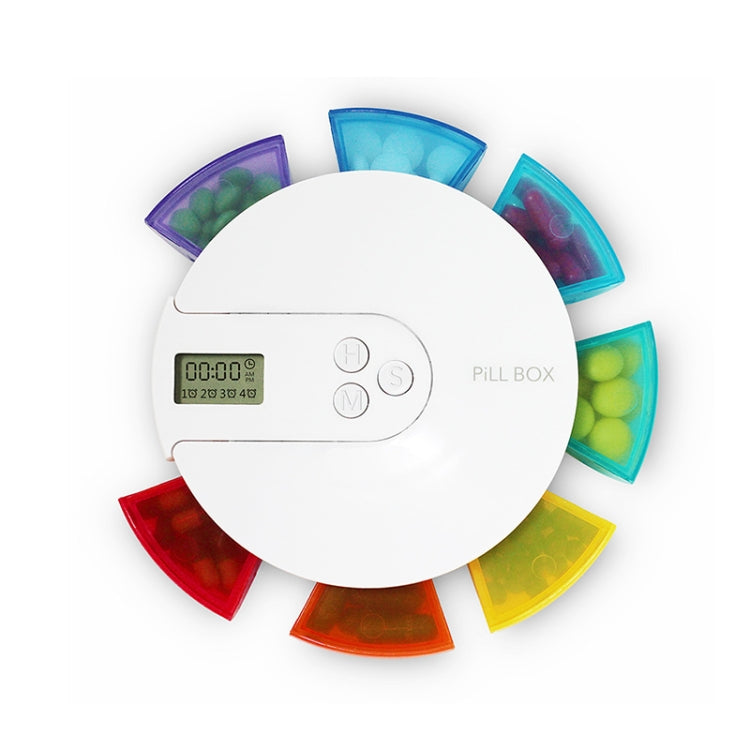 Portable pill reminder box with digital LCD screen and colorful rainbow outer segments